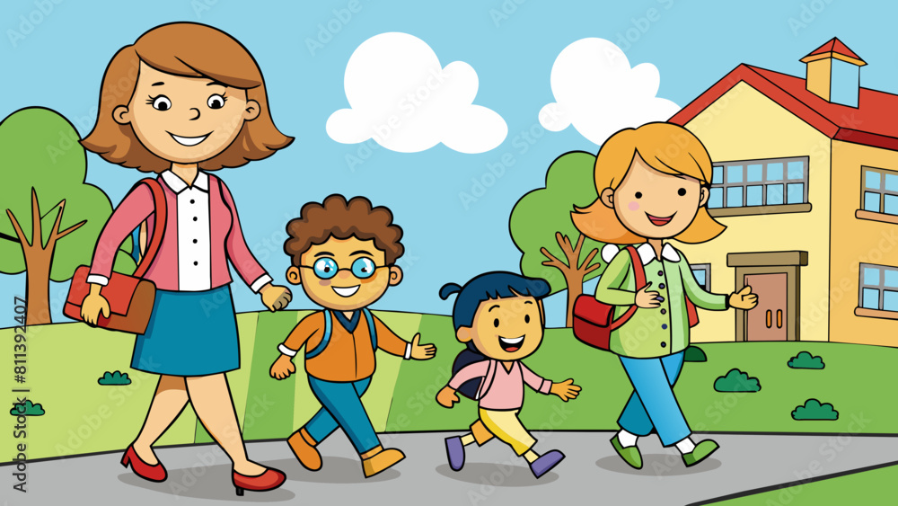 happy children going to school with their mother cartoon vector illustration happy children going to school with their mother cartoon vector illustration