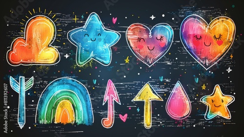 A set of cute pen line doodle elements modern. A collection of arrow, speech bubble, star, heart, scribble, colorful. Made for decoration, stickers, idol posters and social media. photo