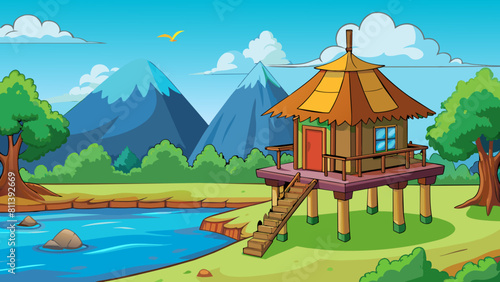 hut on stilt near lake game cartoon vector illustration