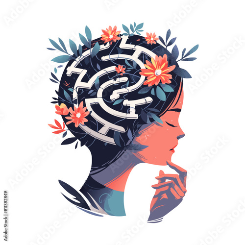 Self knowledge and development, profile head of woman with labyrinth riddle inside. Think and decision task. Labyrinth as symbol self-discovery, self-understanding, reflection. Vector illustration