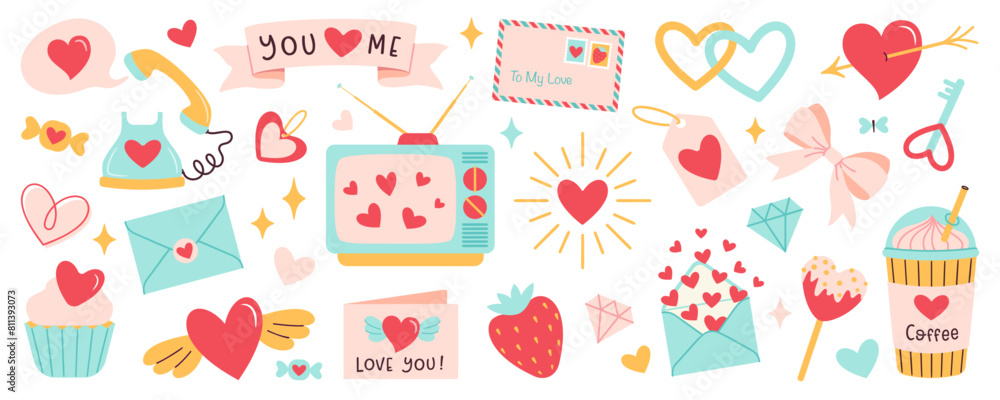 Valentines day elements set. Gift, heart, tv, cake, envelope, berry, Phone, bouquet, coffee and others traditional decorations. Trendy flat style wedding and love concept for stickers, greeting cards. Valentines day elements set. Gift, heart, tv, cake, envelope, berry, Phone, bouquet, coffee and others traditional decorations. Trendy flat style wedding and love concept for stickers, greeting cards.