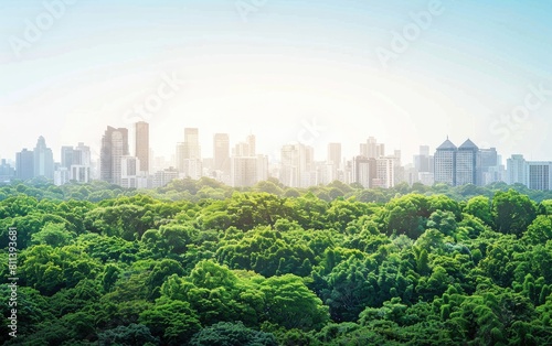Skyline viewed over lush green treetops under a clear sky.