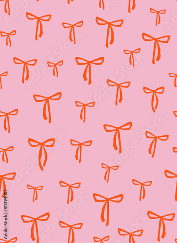Cute orange bows seamless repeat pattern on pink background. Hand drawn, vector ribbon aop, all over surface print. 