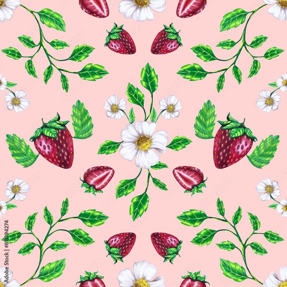 Strawberry pieces seamless pattern pink background Strawberry pieces seamless pattern pink background