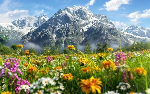 Snow-capped mountain looming over vibrant wildflower meadow. © OLGA