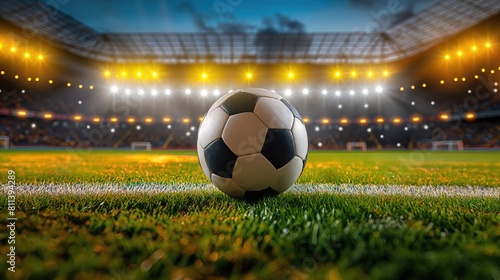 A football rests on the grass of a soccer field under the sky