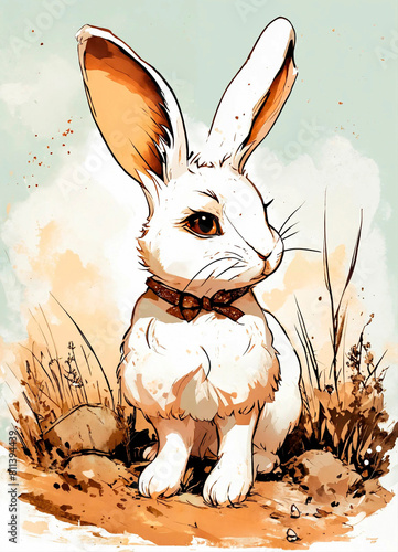 Un lindo conejo blanco con manchas marrones pascua, ilustración, impresionante combinación de colores, obra maestra, estilo manga