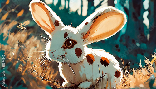 Un lindo conejo blanco con manchas marrones pascua, ilustración, impresionante combinación de colores, obra maestra, estilo manga photo