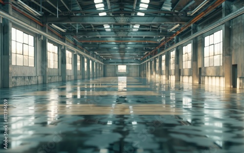 Spacious empty industrial warehouse with bright interior and shiny floor.