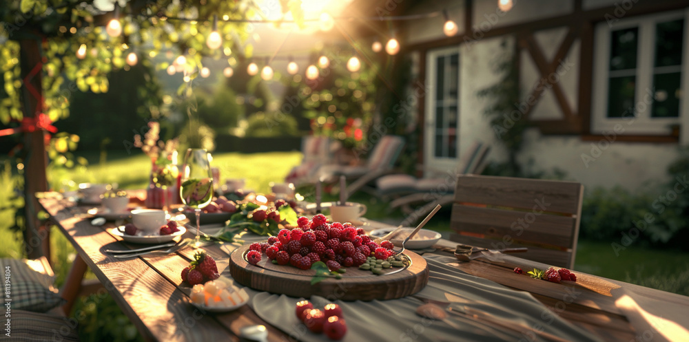 wooden table with raspberries and other fruits with brunch decorations in beautiful czech garden wooden table with raspberries and other fruits with brunch decorations in beautiful czech garden