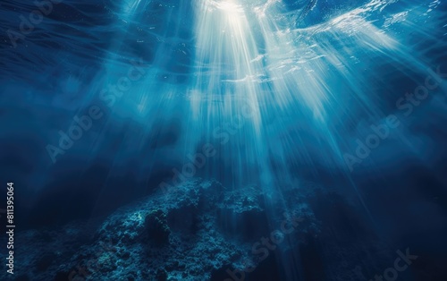 Sun rays penetrating deep  mysterious blue ocean waters.