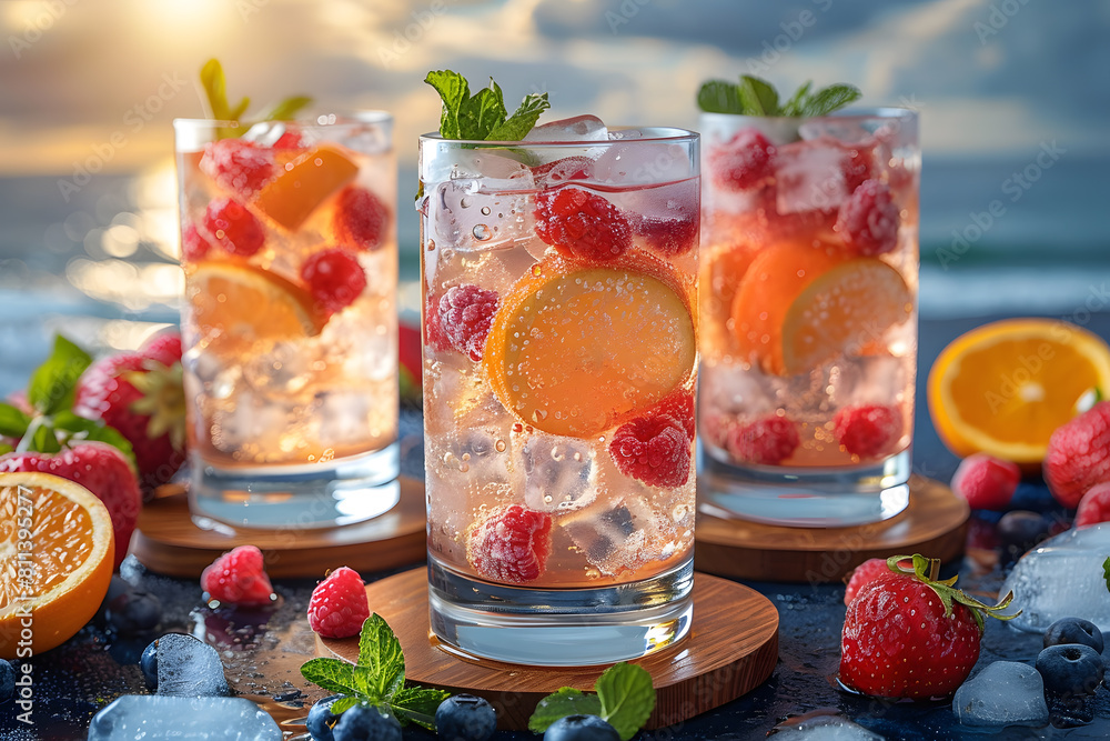 Fresh summer drinks cocktails with berries, fruits, ice and frost on glasses. Vacation open beach bar concept. Fresh summer drinks cocktails with berries, fruits, ice and frost on glasses. Vacation open beach bar concept.