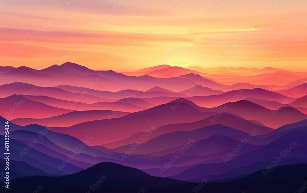 Sunset hues paint a serene silhouette of mountain layers.