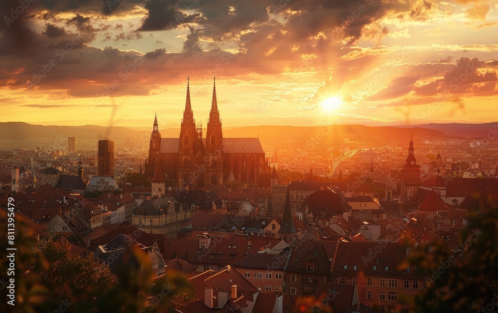 Sunset over a city with iconic church spires and distant mountains.