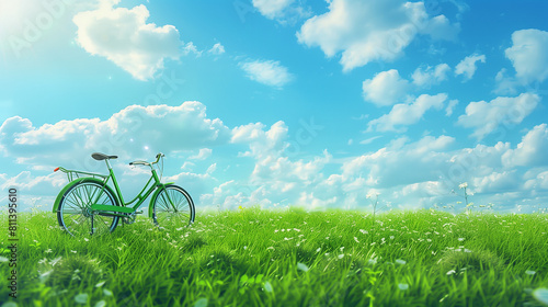  Green bicycle driving green grass field over blue sky background. Environment and ecology concept   © KotBaton