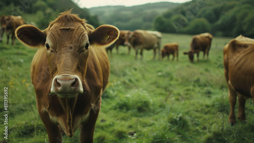Cow herd in pasture, some of them stare at camera. © KotBaton