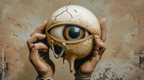 Cracked Reality Abstract Surreal Exploration of Perception with Egg-Shaped Eyeballs and Skeleton Figures  Wallpaper Digital Art Poster Brainstorming Map Magazine Background Cover photo