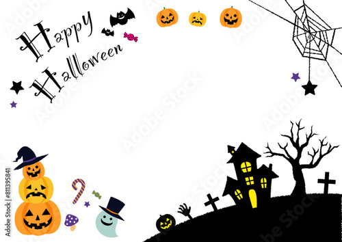 Halloween flame ハロウィン　フレーム　 背景　セット　シルエット　カボチャ　オバケ　コウモリ　イラスト　素材　デコレーション 可愛い
