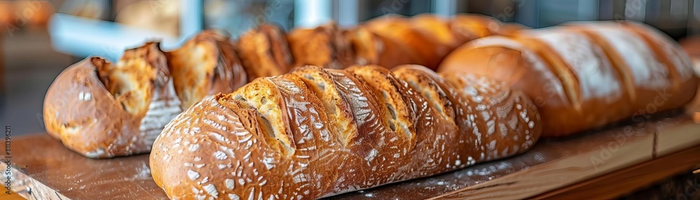 An assortment of freshly baked artisanal bread on a wooden table. An assortment of freshly baked artisanal bread on a wooden table.