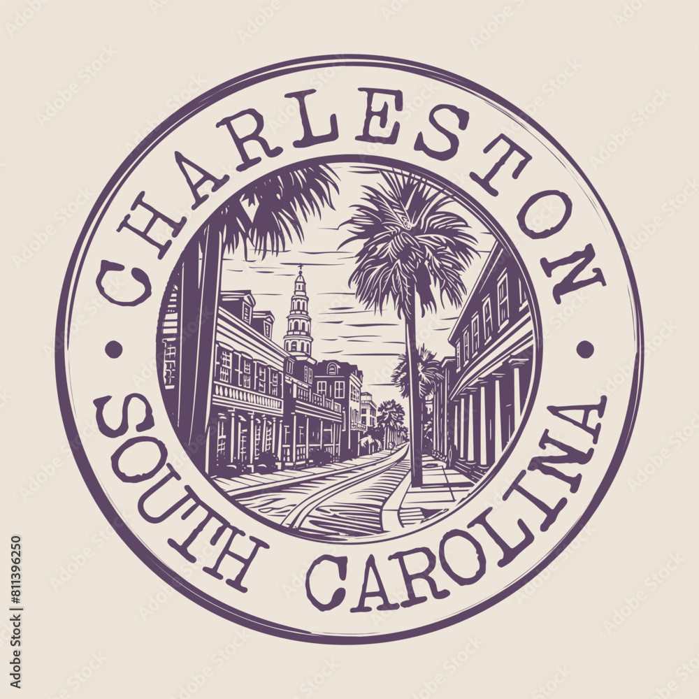 Obraz premium Charleston, South Carolina Stamp City Postmark. Silhouette Postal Passport. Round Vector Icon. Vintage Postage Design.