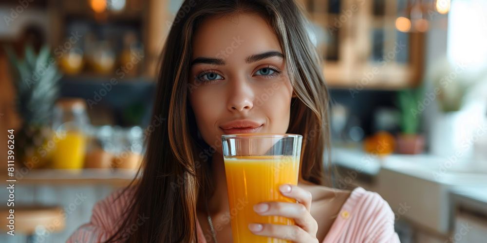 Latin woman having orange juice for breakfast, eating healthy in the morning Latin woman having orange juice for breakfast, eating healthy in the morning