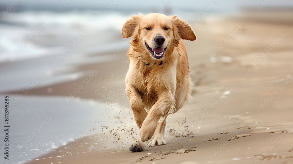 Golden retriever dog running on beautiful beach pictures
