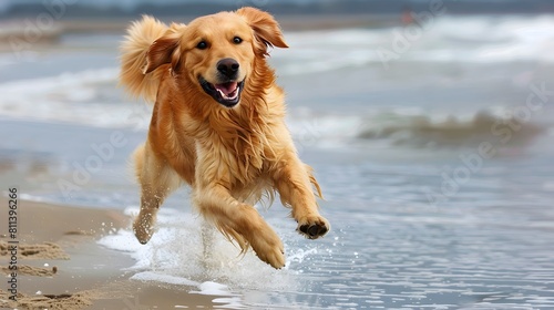 Golden retriever dog running on beautiful beach pictures 