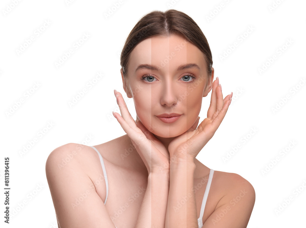 Solarium tan. Combined portrait of woman with different skin tones on white background Solarium tan. Combined portrait of woman with different skin tones on white background