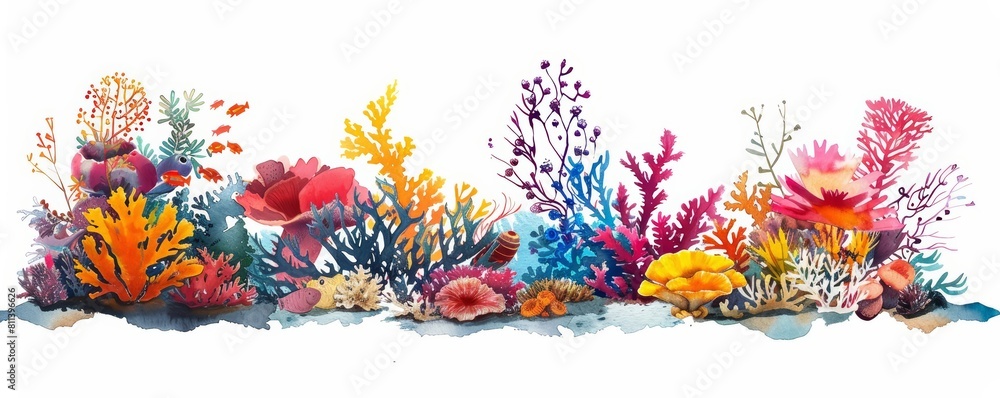 Fototapeta premium A beautiful watercolor of a vibrant coral reef teeming with diverse marine life, simple clipart isolated white background