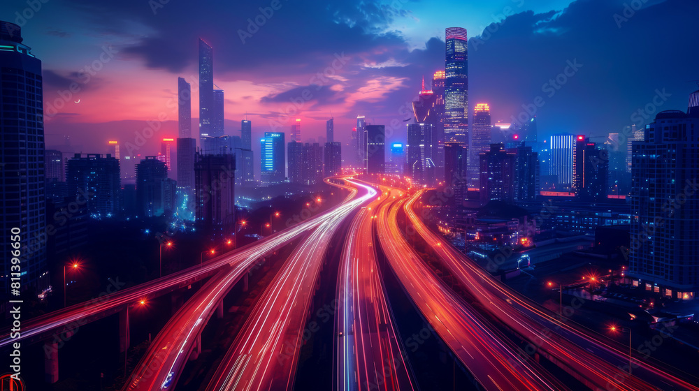 A dynamic view of a bustling cityscape at night, featuring streaks of light on the highway.