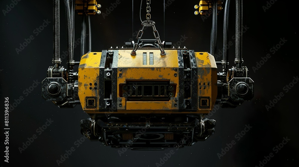 Dark sci-fi yellow search drone robot design close-up Dark sci-fi yellow search drone robot design close-up