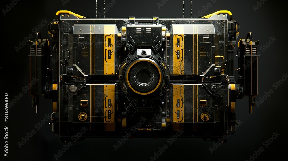 Dark sci-fi yellow search drone robot design close-up Dark sci-fi yellow search drone robot design close-up