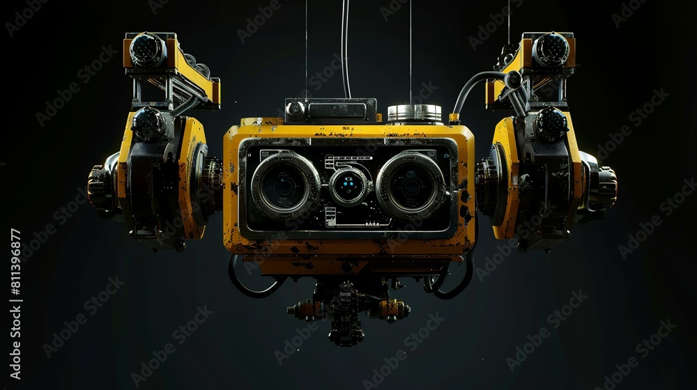 Dark sci-fi arcade style cinema projector device with camera lens on isolated background close-up Dark sci-fi arcade style cinema projector device with camera lens on isolated background close-up