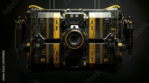 Dark sci-fi yellow search drone robot design close-up