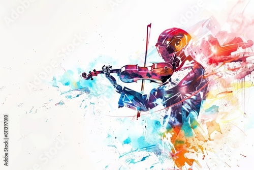 A futuristic watercolor of a robot conducting a symphony orchestra, rendered as retro styles detail clipart isolated white background