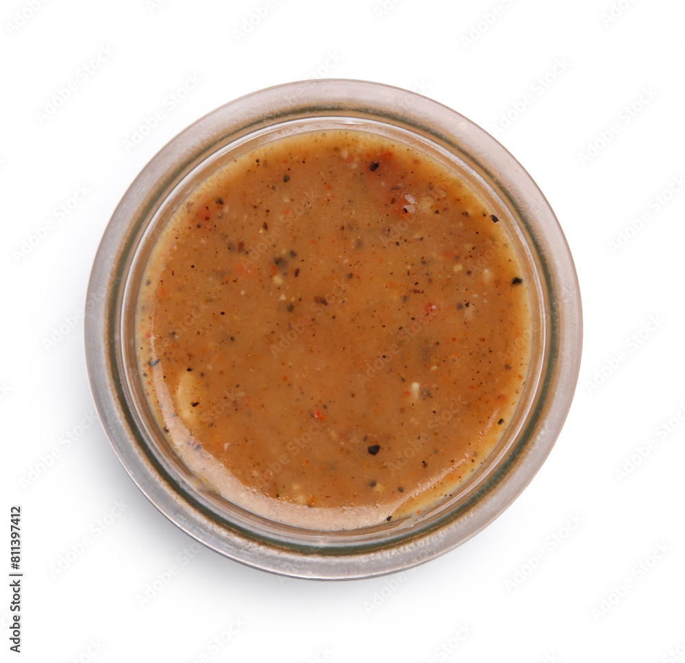 Fresh marinade in jar isolated on white, top view Fresh marinade in jar isolated on white, top view