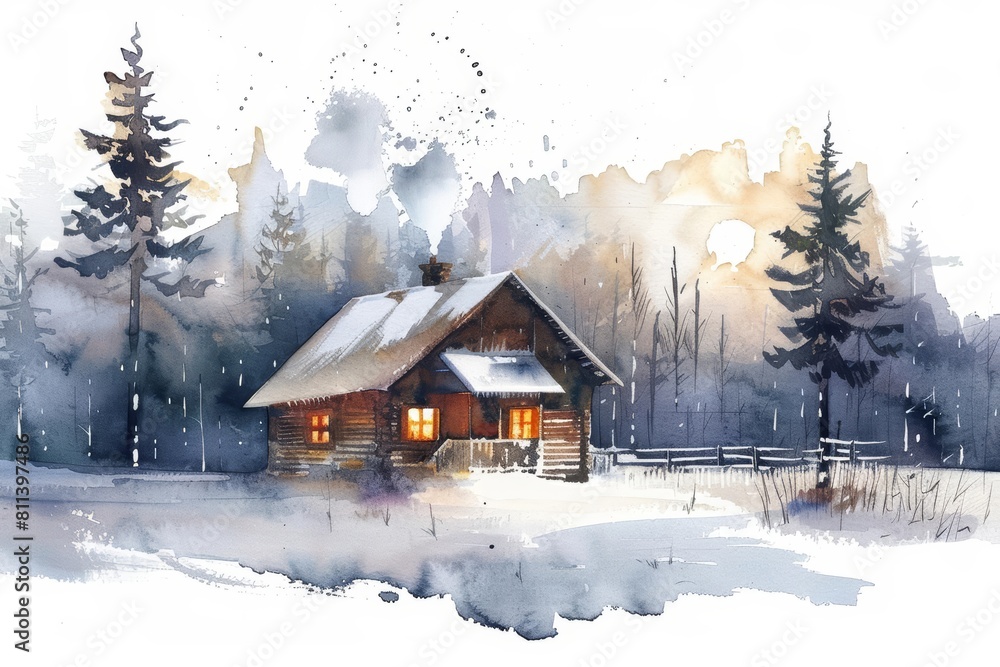 A small watercolor depicting a cozy, snowcovered cabin in the woods at twilight, isolated concept minimal with white background