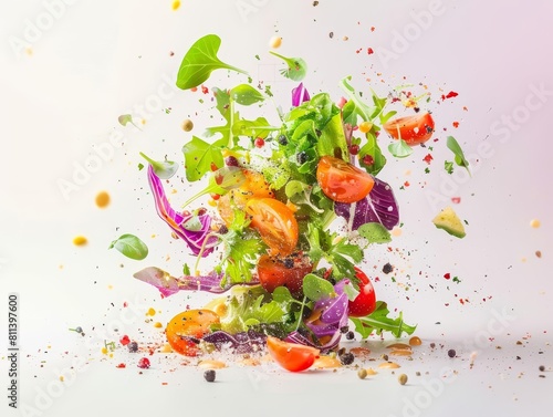 A taste splash explosion of fresh salads isolated on a plain color studio background