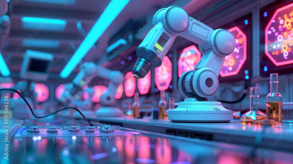Fototapeta premium A futuristic robotic arm engaged in precise tasks within a high-tech laboratory setting, surrounded by vibrant lights.