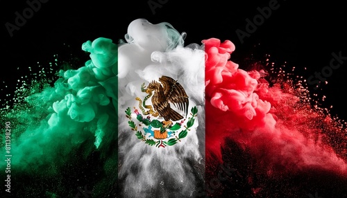 green white and red colored powder explosions on black background holi paint powder splash in colors of mexican flag photo