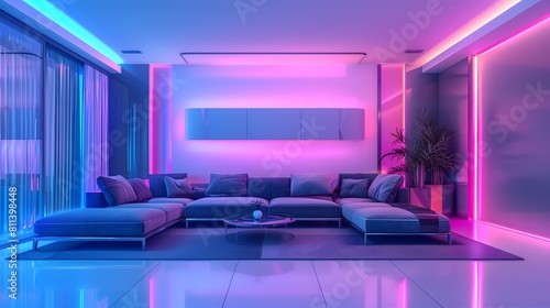 Futuristic interior room with high technology and luxury style, cyber living room with neon light and reflection. © Ziyan