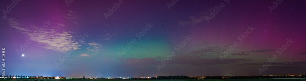 Nupaky, Czech republic - May 10, 2024 - Panorama of Aurora Borealis above Prague and Ricany Nupaky, Czech republic - May 10, 2024 - Panorama of Aurora Borealis above Prague and Ricany