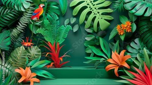 Circus stage podium background showcasing a variety of exotic plants, rendered in paper cut styles, banner sharpen with copy space