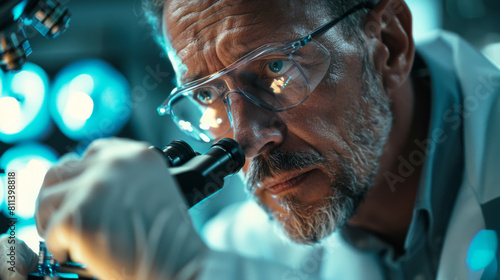 Middle-aged male scientist intensely examining samples with a microscope in a modern laboratory.