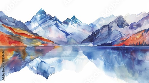 Creative watercolor of a serene mountain lake, reflecting the crisp, snowcapped peaks above, in minimal styles, clipart watercolor on white background photo