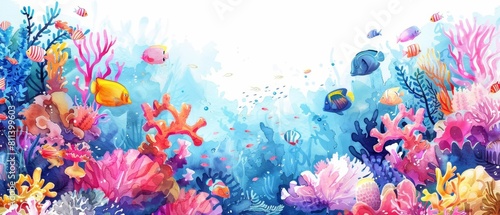 Cute watercolor of a bustling coral reef, alive with colorful fish and waving corals, in kawaii styles, clipart kawaii watercolor on white background © JK_kyoto