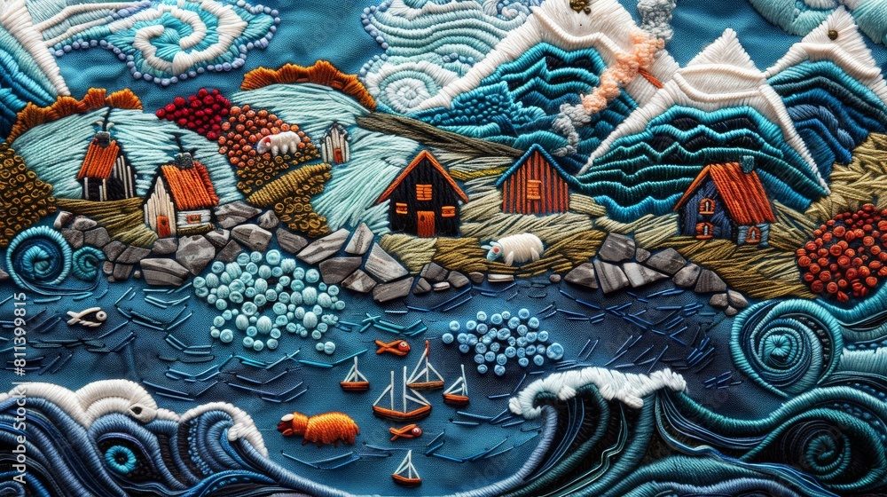 Fototapeta premium close-up macro photo shot of embroidery Scandinavian village. Beautiful landscape with mountains, volcanoes, ocean, Scandi houses, Nordic culture. Original handmade decor, embroidery, sewing, knitting