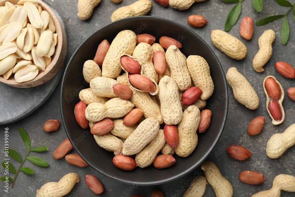 Fresh peanuts and twigs on grey table, flat lay Fresh peanuts and twigs on grey table, flat lay
