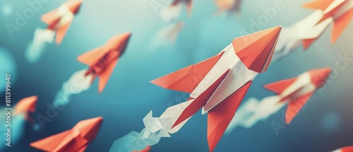 Design a visual concept where a paper rocket is leading a group of other paper rockets, showcasing the idea of effective leadership in business photo