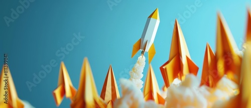 Design a visual concept where a paper rocket is leading a group of other paper rockets, showcasing the idea of effective leadership in business photo